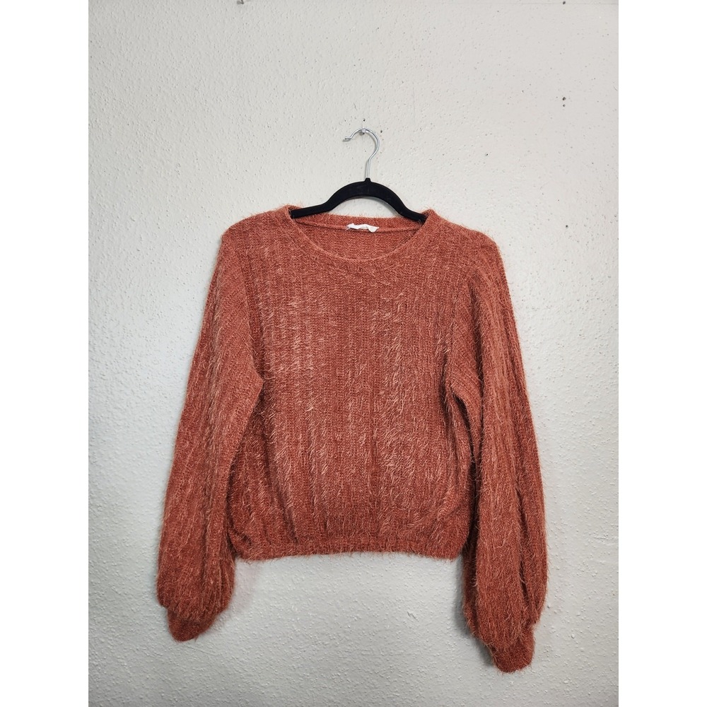 Altar'd State Womens Medium Rust Orange Sweater Eyelash Knit Balloon Sleeve Crop